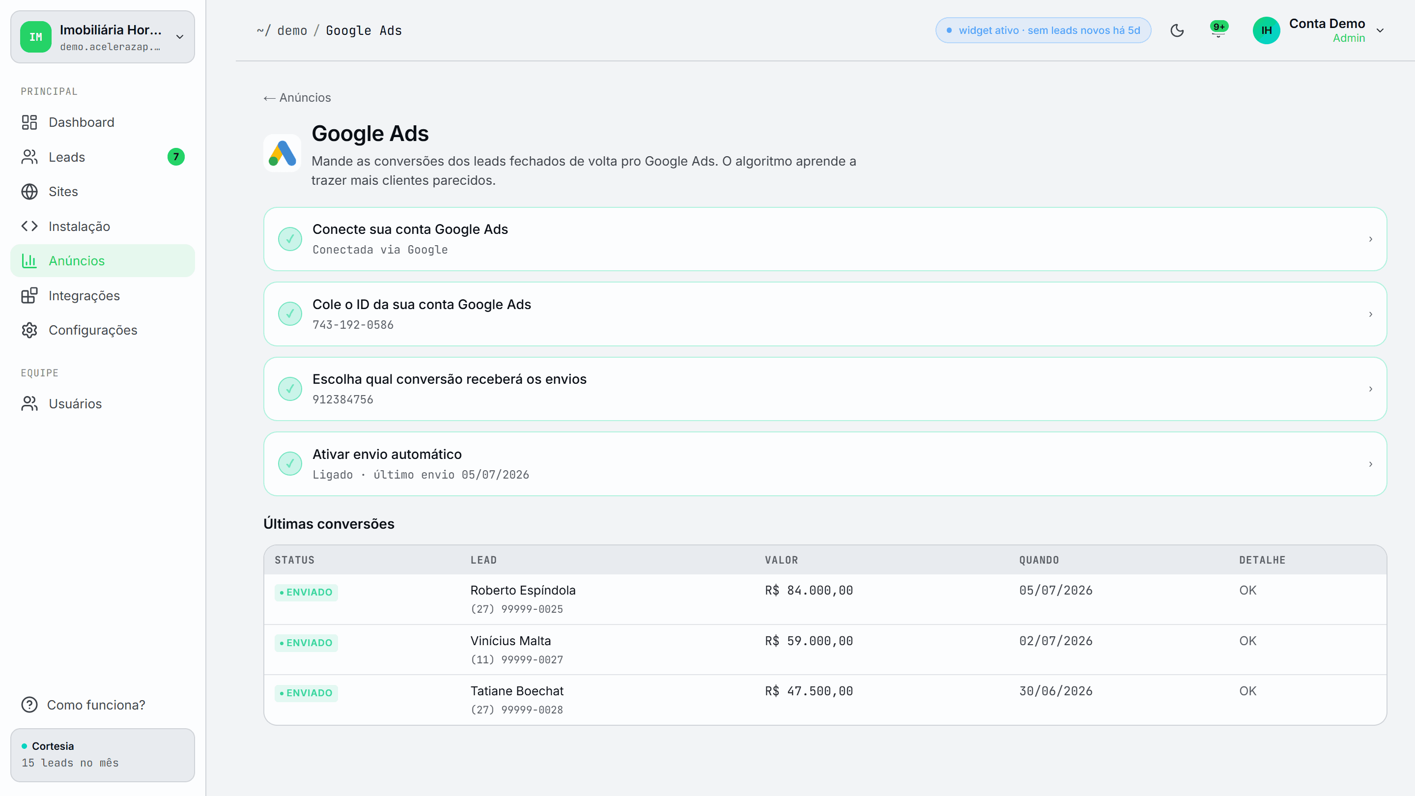 Página de Google Ads da AceleraZap: conta conectada, envio automático ativo e tabela de conversões enviadas com valor de cada venda