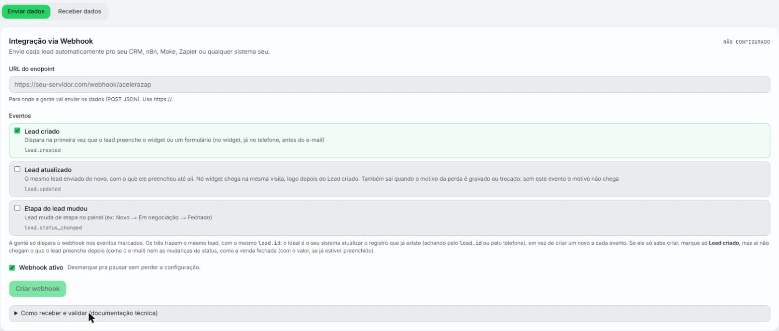 Tela Integração via Webhook do painel, ainda não configurada: o campo URL do endpoint, os três eventos Lead criado, Lead atualizado e Etapa do lead mudou, a caixa Webhook ativo e o botão Criar webhook.