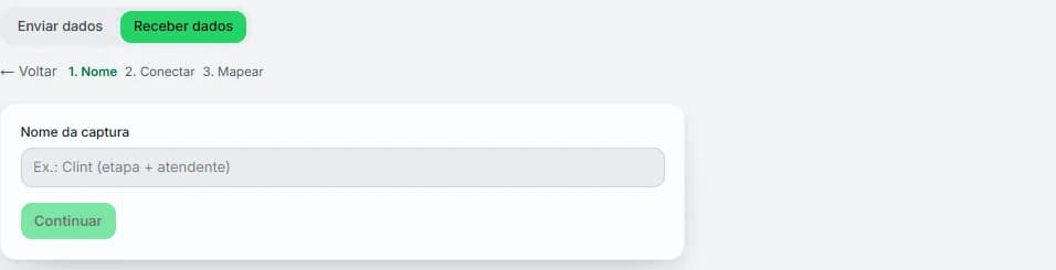 Primeiro passo do assistente de conexão: o campo Nome da captura e o botão Continuar, com as etapas 1 Nome, 2 Conectar e 3 Mapear no topo.
